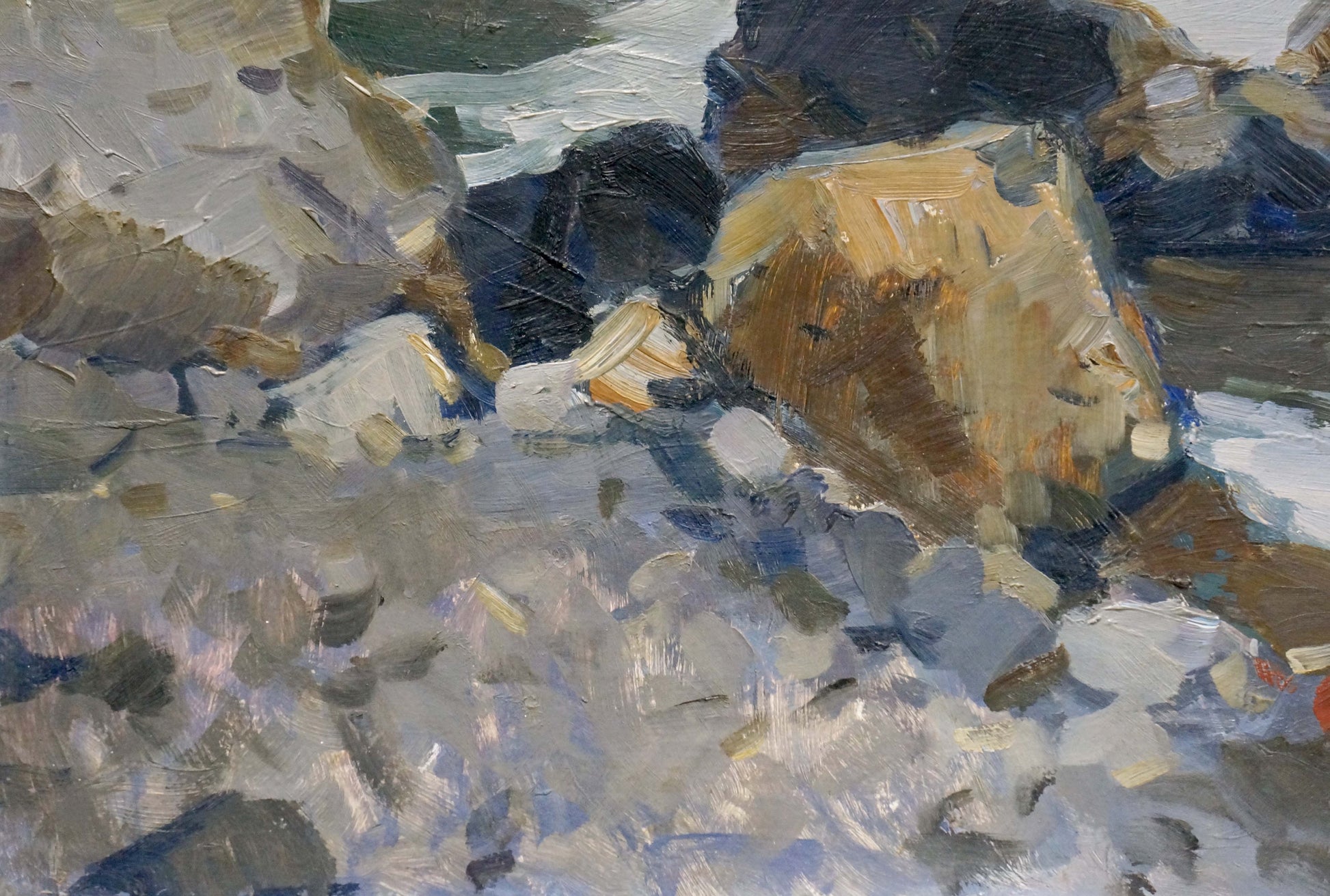 Impressionistic oil painting of people fishing on rugged rocks with foamy waves
