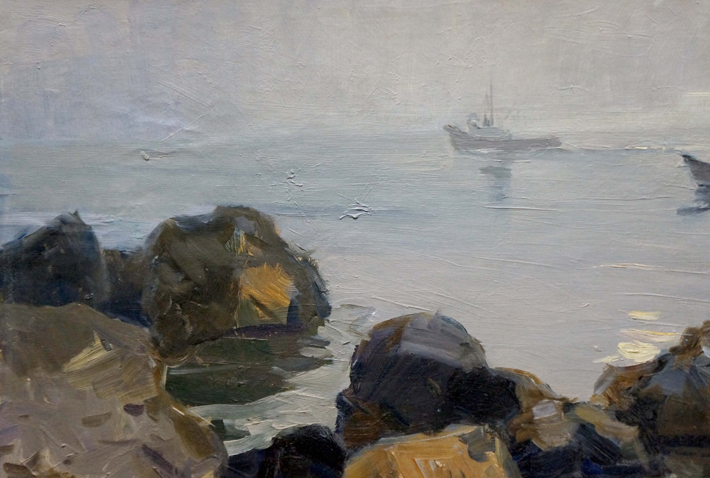 Misty coastal oil painting of people fishing with textured rocks and boat