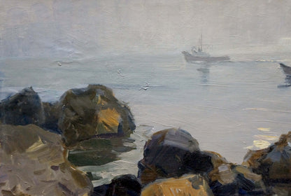 Misty coastal oil painting of people fishing with textured rocks and boat