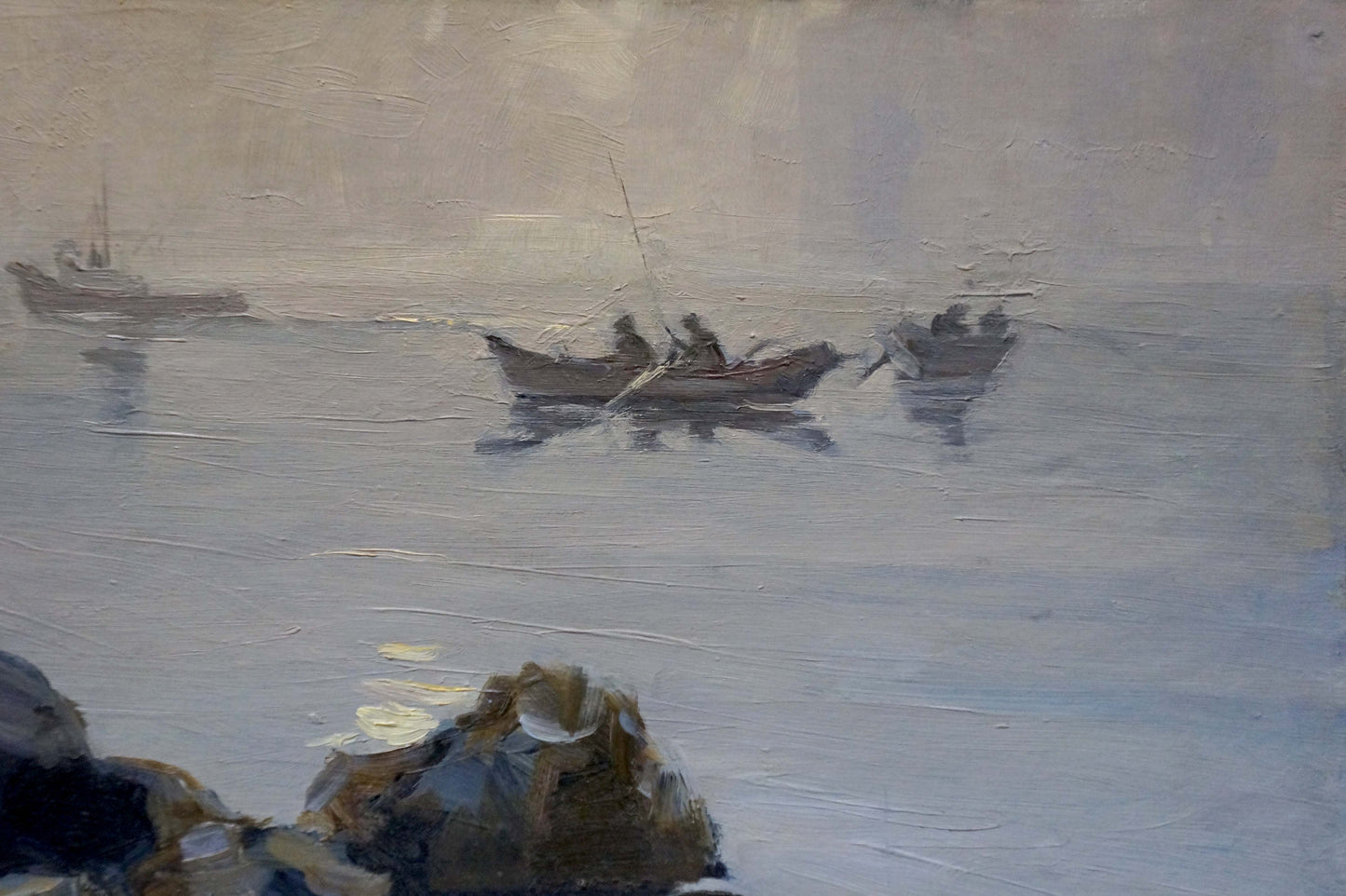 Impressionistic oil painting of people fishing from three boats on calm water
