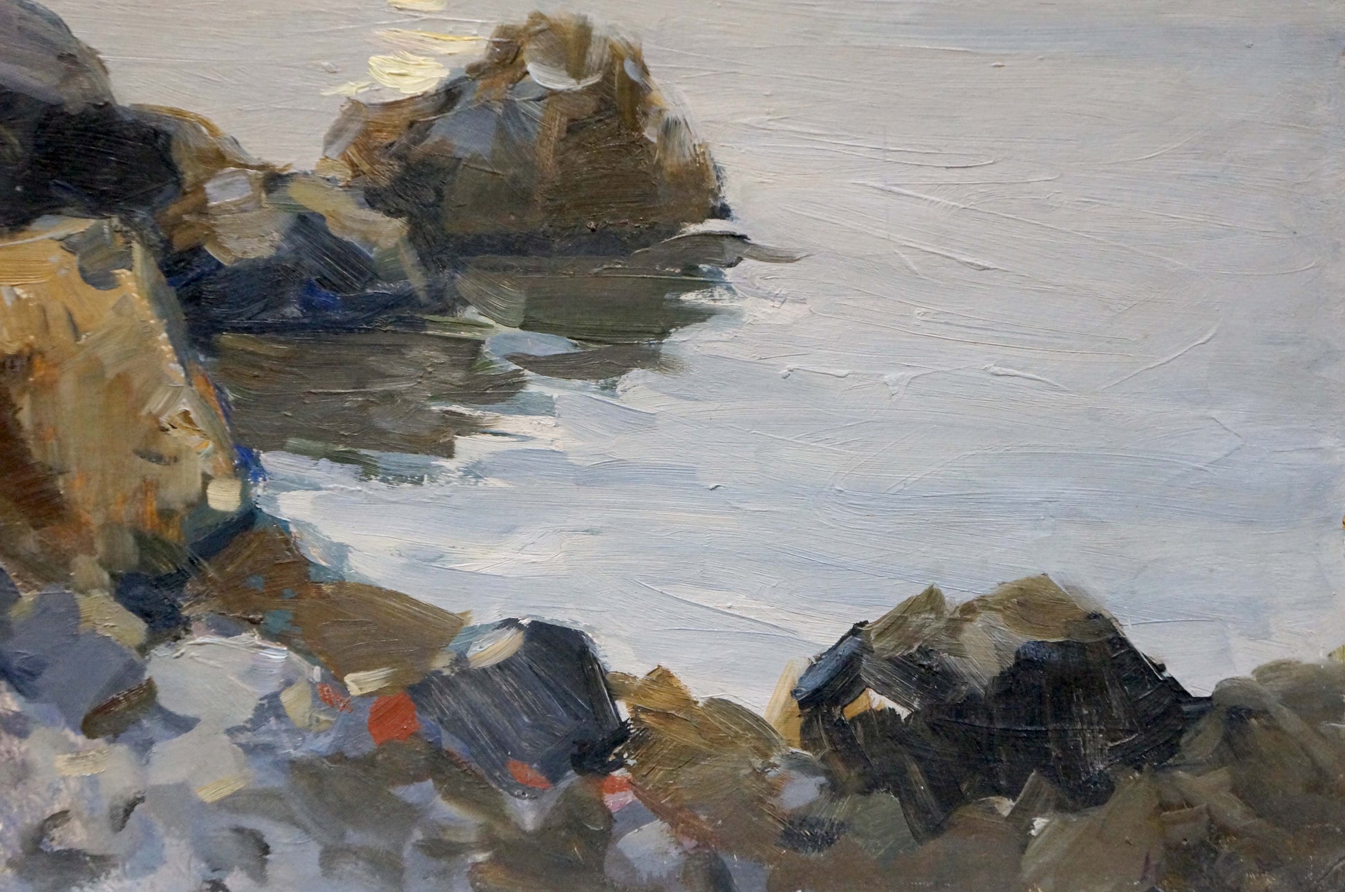 Oil painting of people fishing on rugged coastal rocks in earthy tones