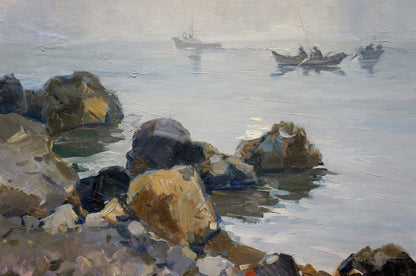 Textured oil painting of rugged shoreline rocks, misty sea, and distant fishing boats