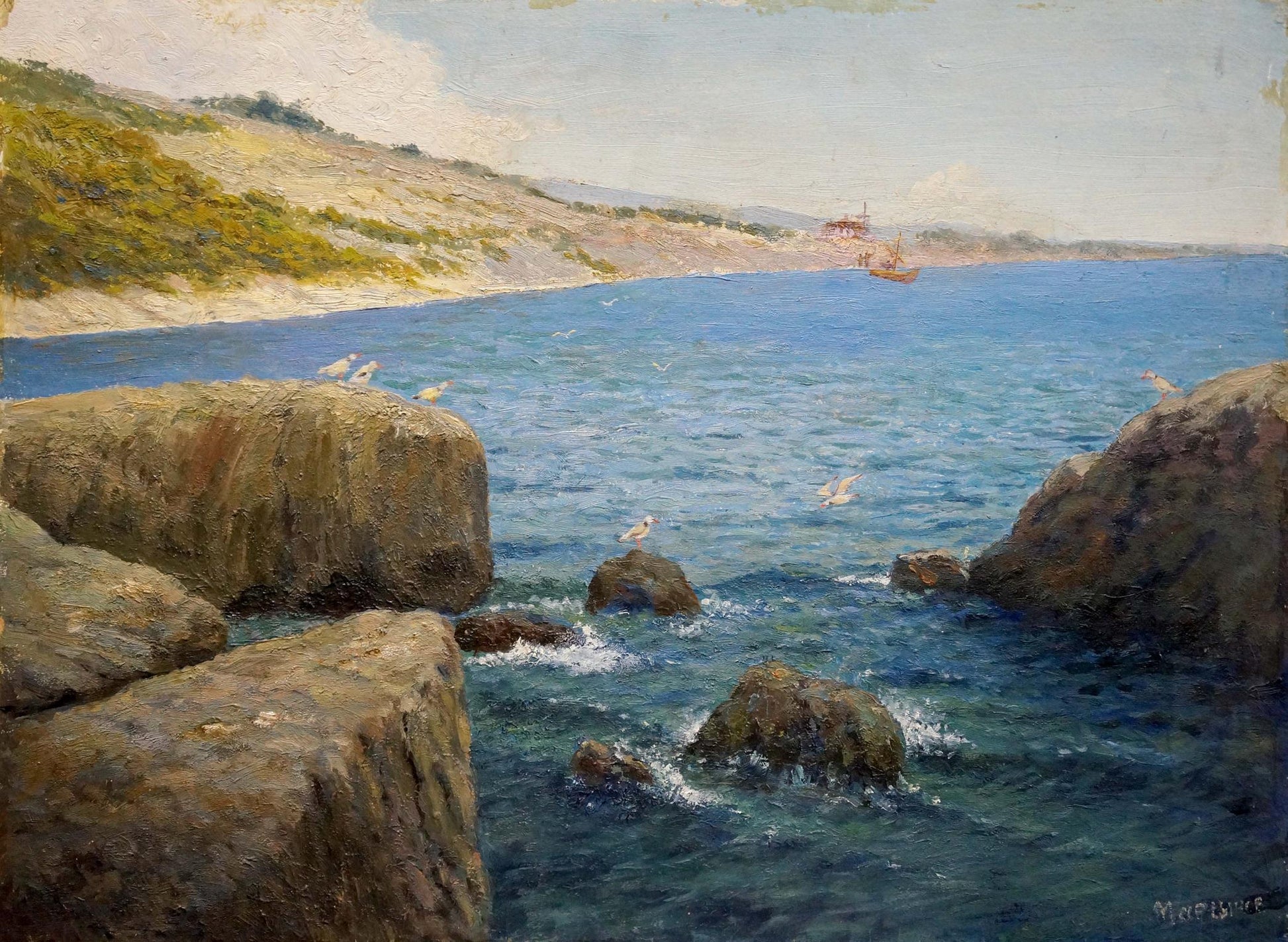 Oil painting of serene shore landscape by Martynov Anatoly Vladimirovich