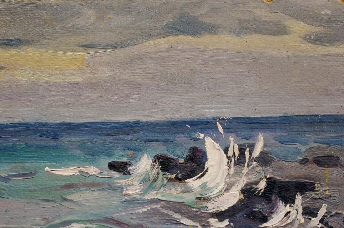 Oil painting Waves by Tyukha Ivan Andreevich: turbulent ocean crashing on rocks