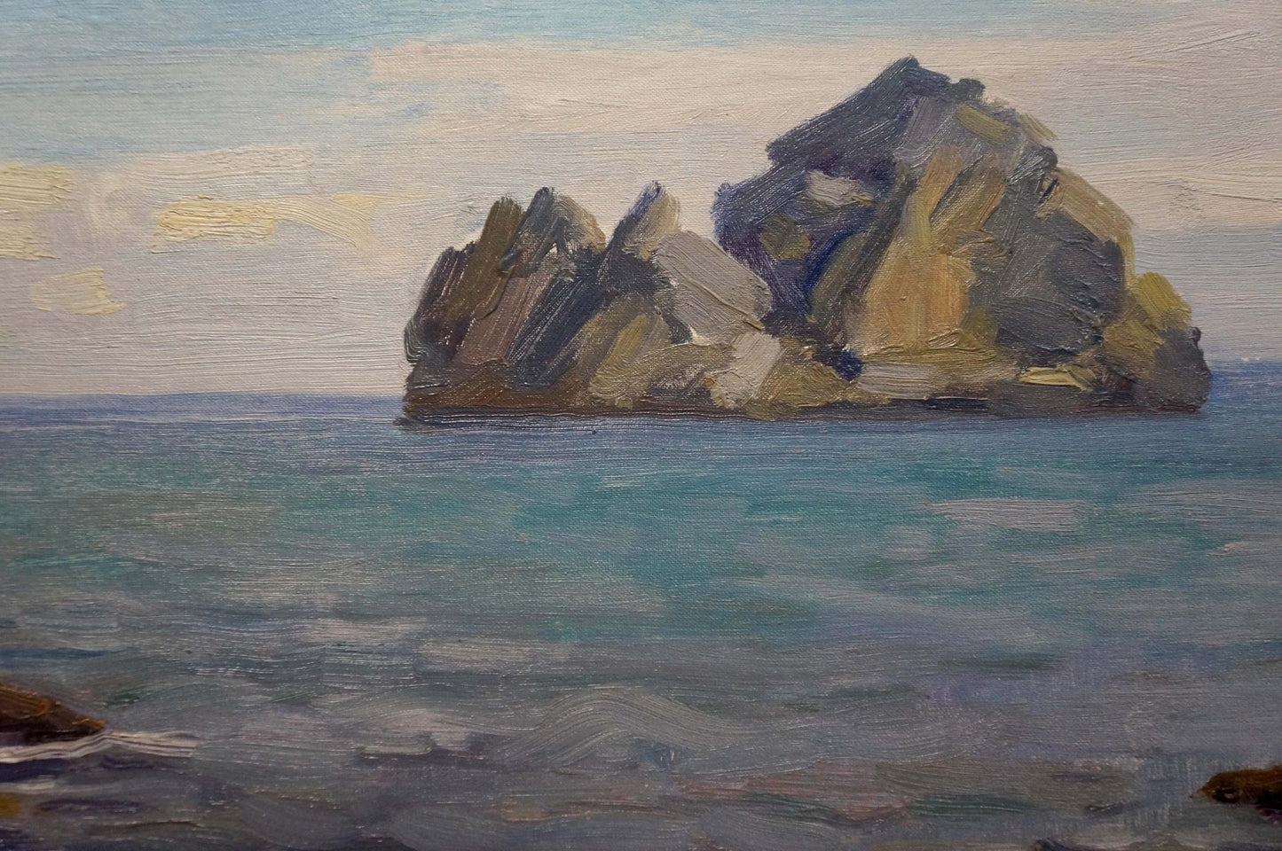 Textured oil painting of rocky island in sea by Konovalov Yuri Alexandrovich