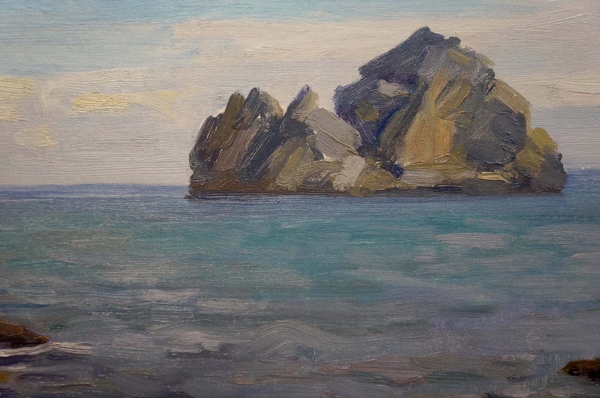Textured oil painting of rocky island in sea by Konovalov Yuri Alexandrovich