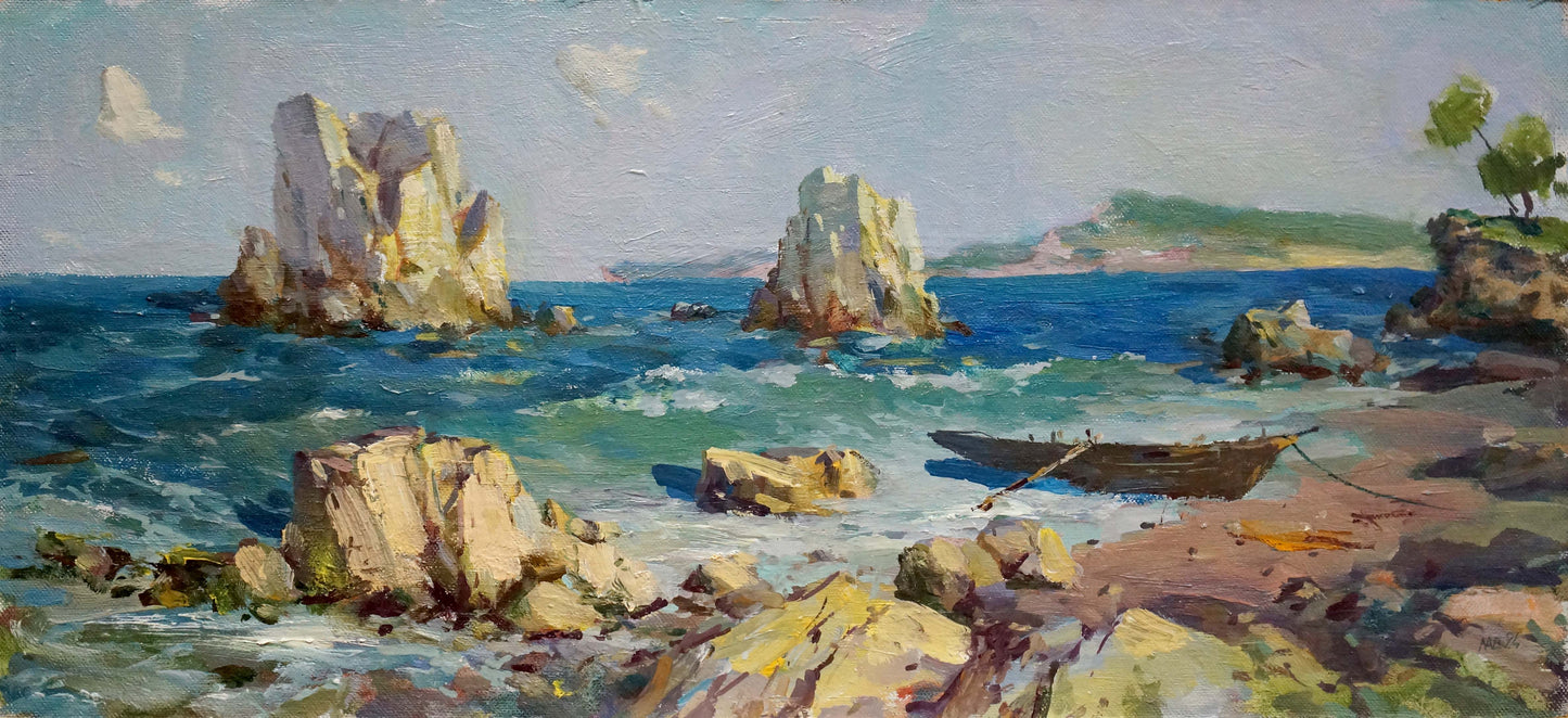 Oil painting by the sea Levichev H.V.: weathered rowboat on rocky shore