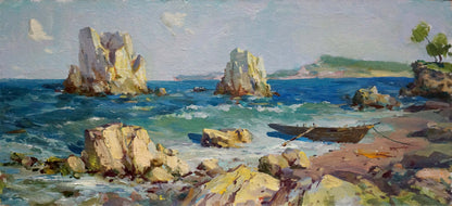 Oil painting by the sea Levichev H.V.: weathered rowboat on rocky shore