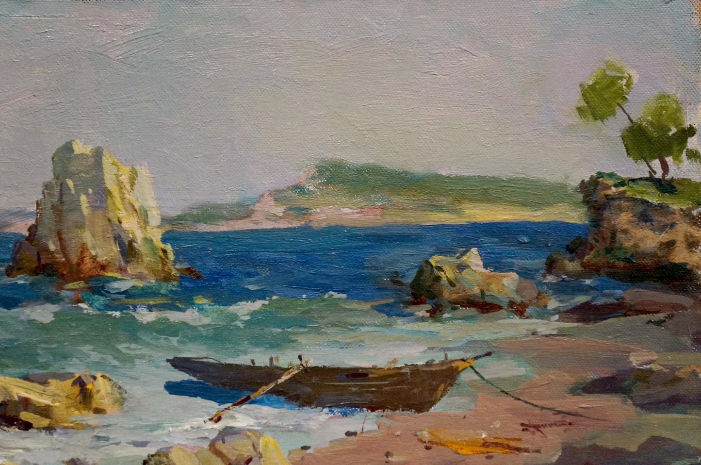 Oil painting by the sea Levichev H.V.: rustic rowboat on sandy shore by turquoise waves