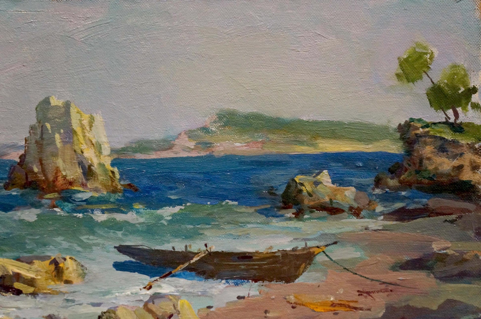 Oil painting by the sea Levichev H.V.: rustic rowboat on sandy shore by turquoise waves