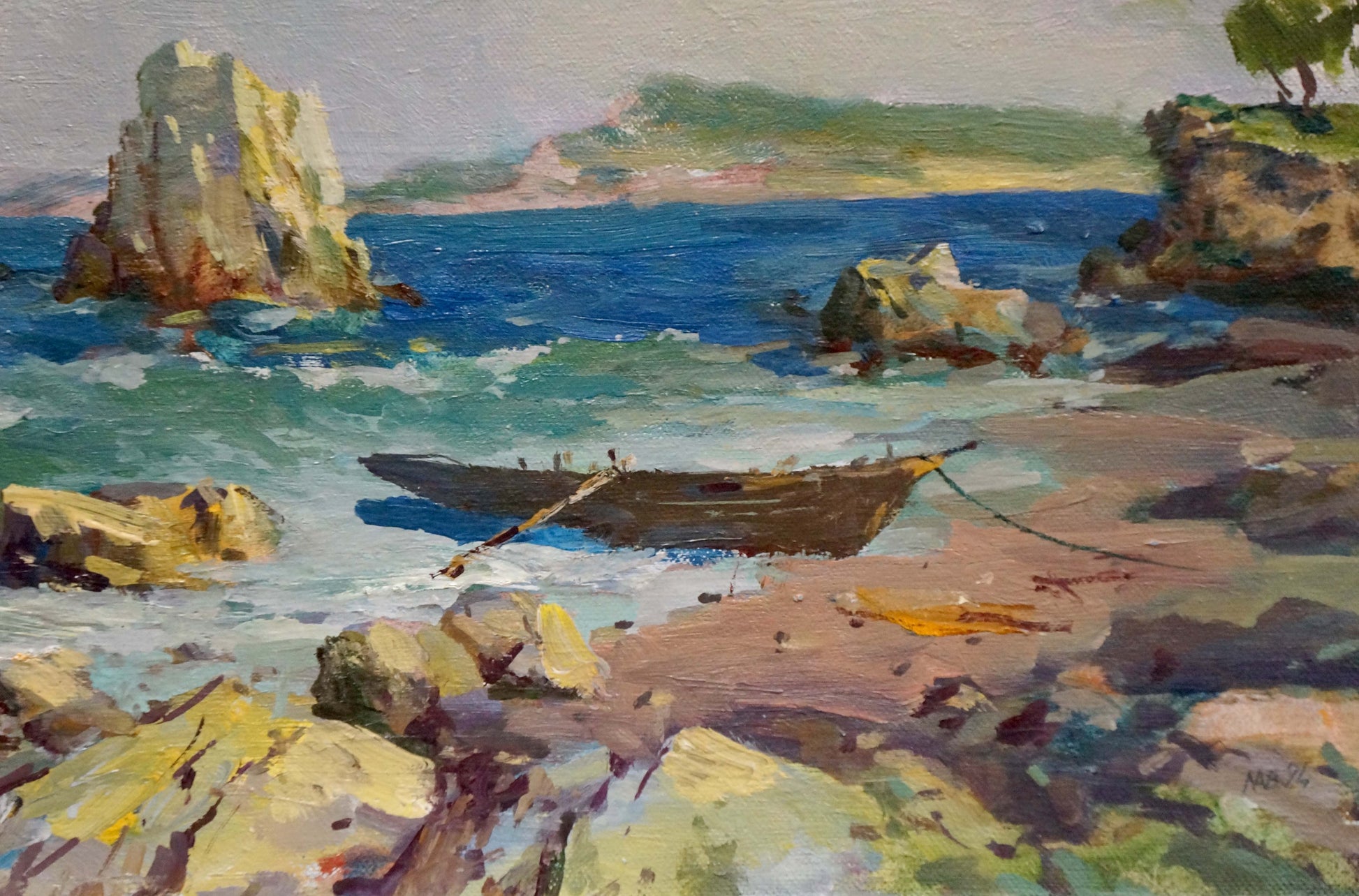 Oil painting by the sea Levichev H.V.: weathered rowboat on rocky shore