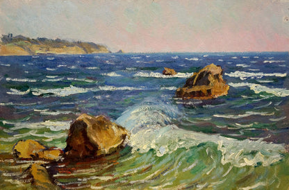 Oil painting Sea shore Gomolsky G.S. rough rocks in turbulent waves