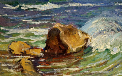 Oil painting by Gomolsky G.S.: Textured brown rock in turbulent ocean waves
