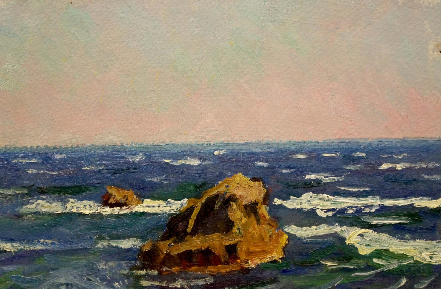 Oil painting Sea shore Gomolsky G.S. textured ochre rock in ocean waves