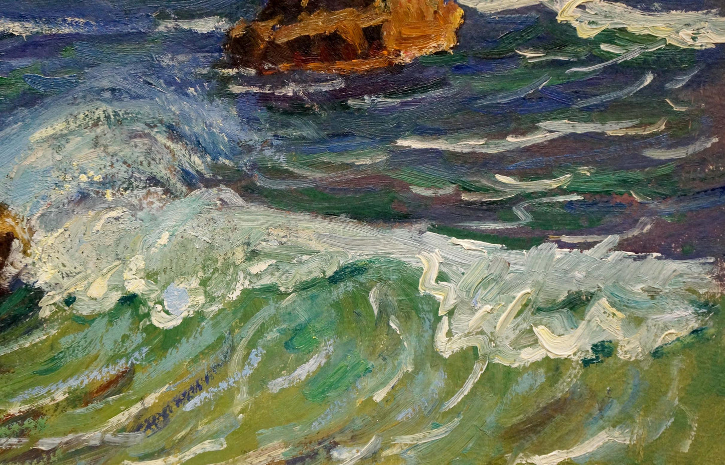 Vibrant green white waves crash on Gomolsky G.S. sea shore oil painting rocks