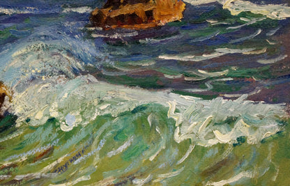 Vibrant green white waves crash on Gomolsky G.S. sea shore oil painting rocks