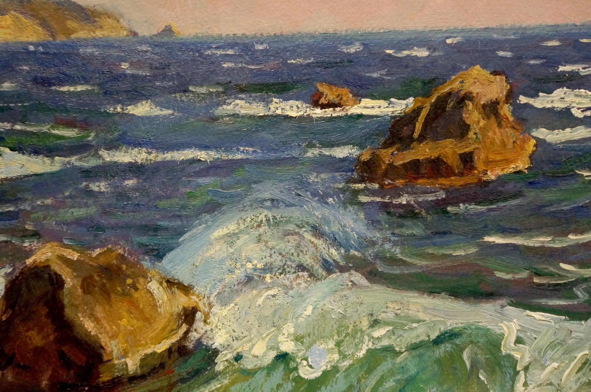 Oil painting Sea shore Gomolsky G.S. turbulent waves on rocks pink sky