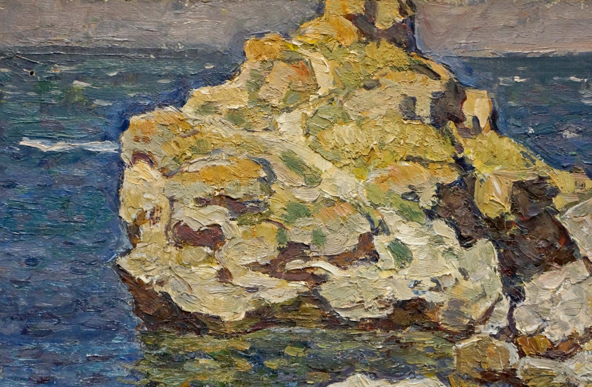Oil painting of yellowish-green rocky outcrop in blue water by Konovalov Yuri Alexandrovich