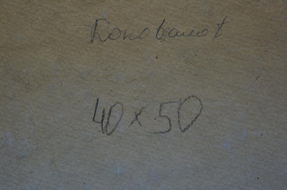 Back of Oil painting Rocks by Konovalov Yuri Alexandrovich with handwritten Rome Baut 40 x 50 on beige paper