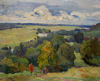 A vibrant impressionistic landscape painting featuring rolling green hills, a distant blue horizon under a textured sky with white and gray clouds.