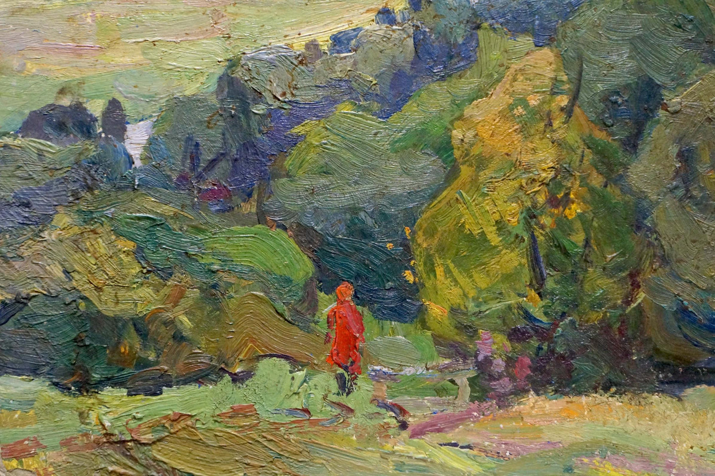 Vibrant red figure in lush impressionistic landscape by Gantman Moisey Faibovich