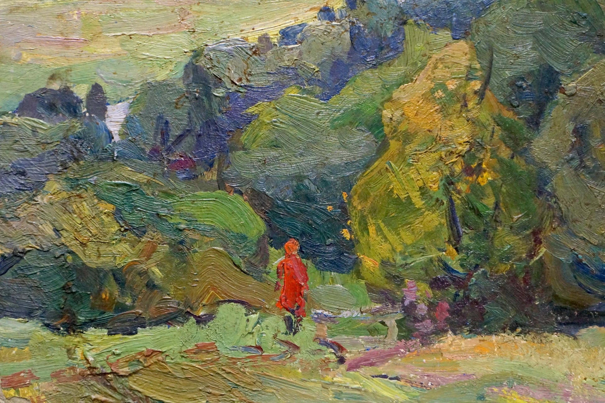 Vibrant red figure in lush impressionistic landscape by Gantman Moisey Faibovich
