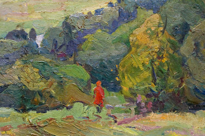 Vibrant red figure in lush impressionistic landscape by Gantman Moisey Faibovich
