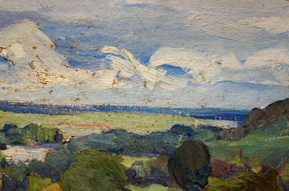 Oil painting Its a nasty day by Gantman Moisey Faibovich: blue clouds over green fields