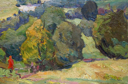 Vibrant oil painting Its a nasty day by Gantman Moisey Faibovich with red figure in lush foliage