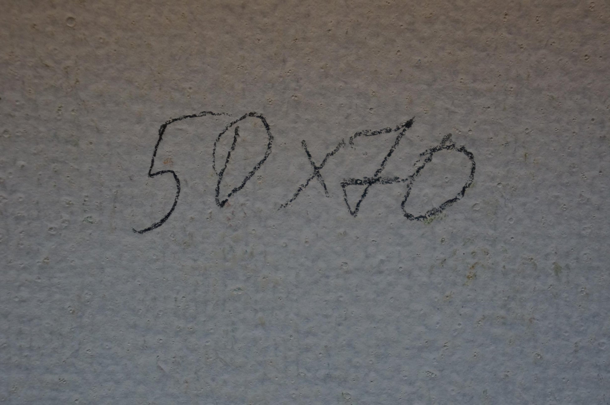 Black chalk markings on gray wall textured back of Olkhov lilac blooms painting