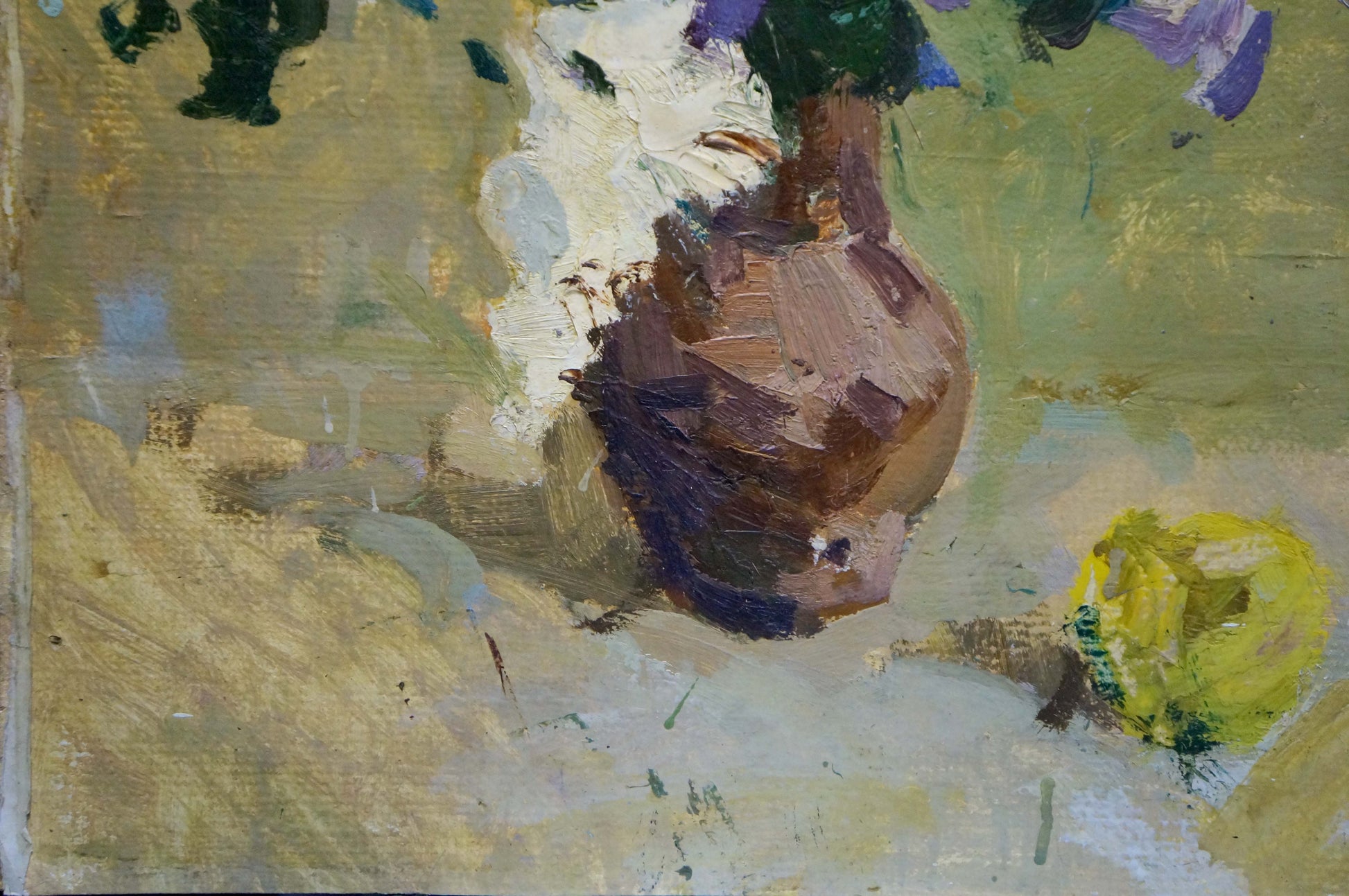 Brown textured ceramic vase with bulbous body in Pozdeev lilac bouquet painting