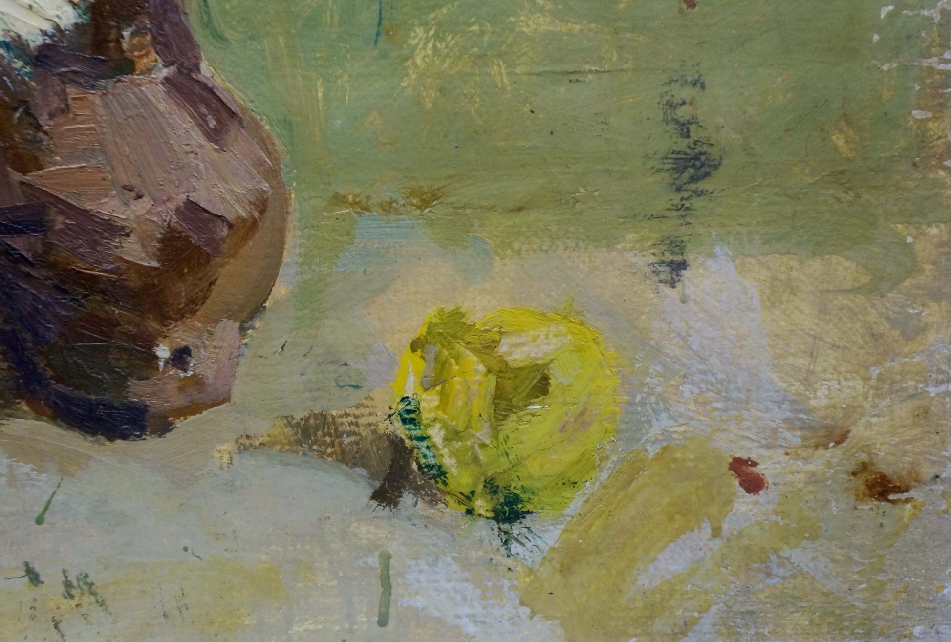 Oil painting Lilac bouquet by Andrey Gennadievich Pozdeev with fruit and lemon