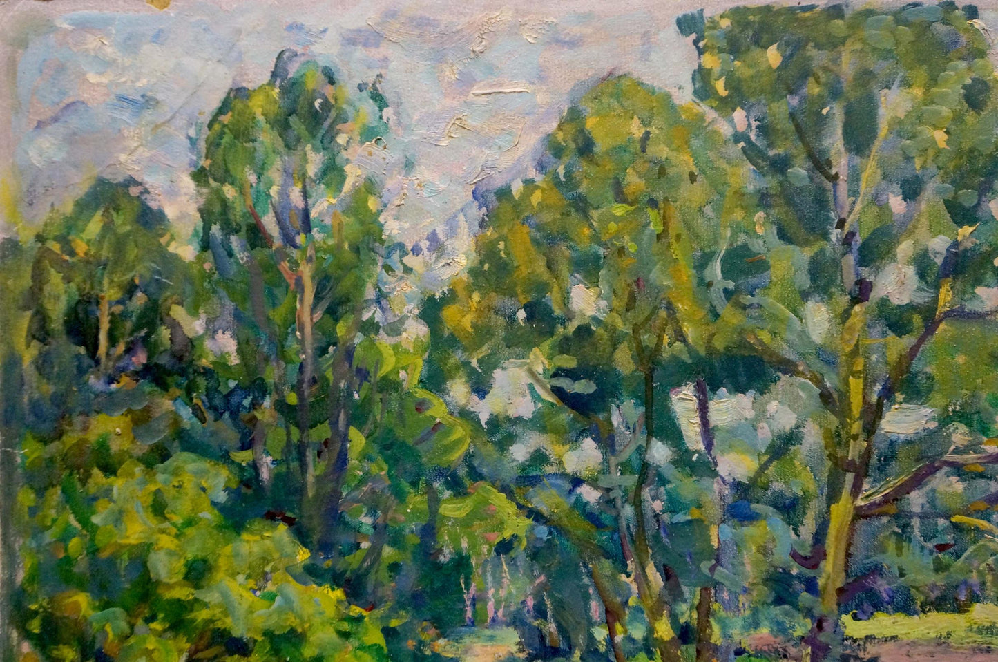 Vibrant impressionist oil painting of lush forest road by Fashchenko Leonid Grigorievich