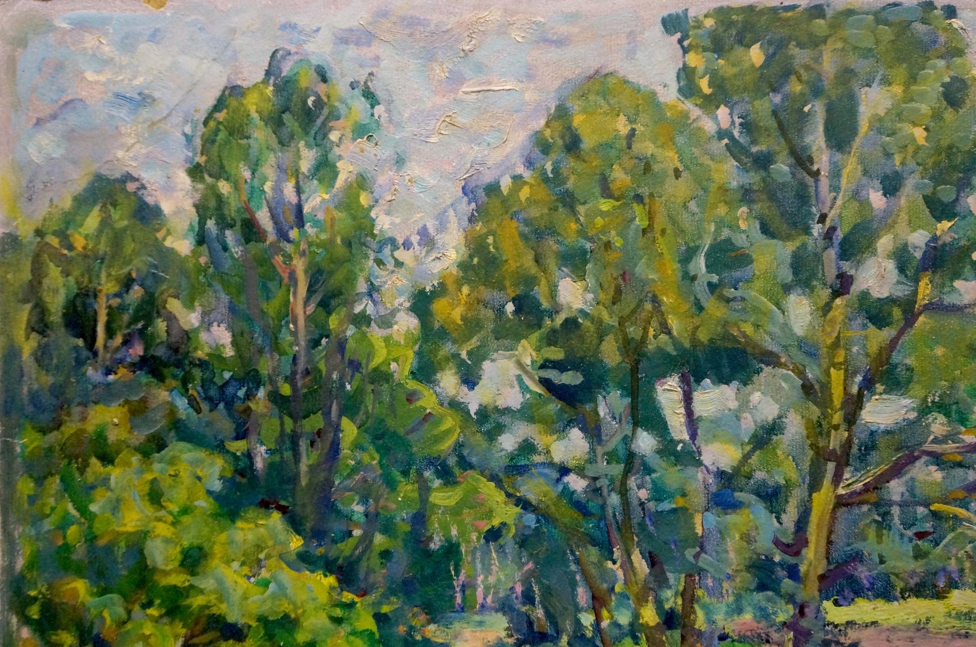 Vibrant impressionist oil painting of lush forest road by Fashchenko Leonid Grigorievich