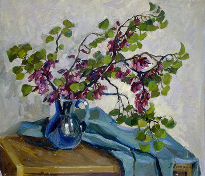 Oil painting by Crimson Ostanny Galina Afanasyevna: translucent blue pitcher with purple blossoms