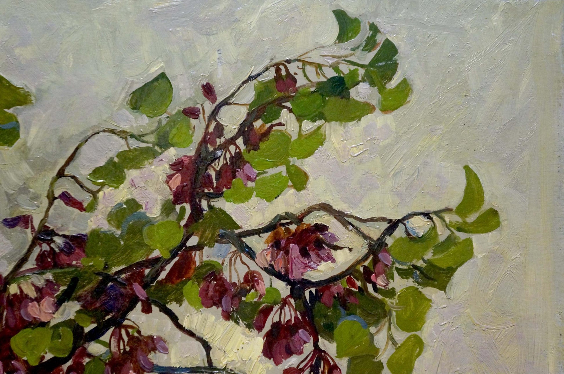 Oil painting Crimson Ostanny by Galina Afanasyevna: pink purple blossoms