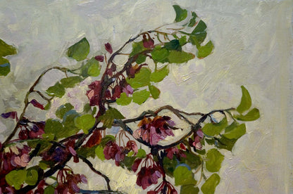 Oil painting Crimson Ostanny by Galina Afanasyevna: pink purple blossoms