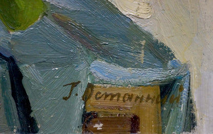 Textured oil painting fragment of Crimson Ostanny by Galina Afanasyevna with j. signature