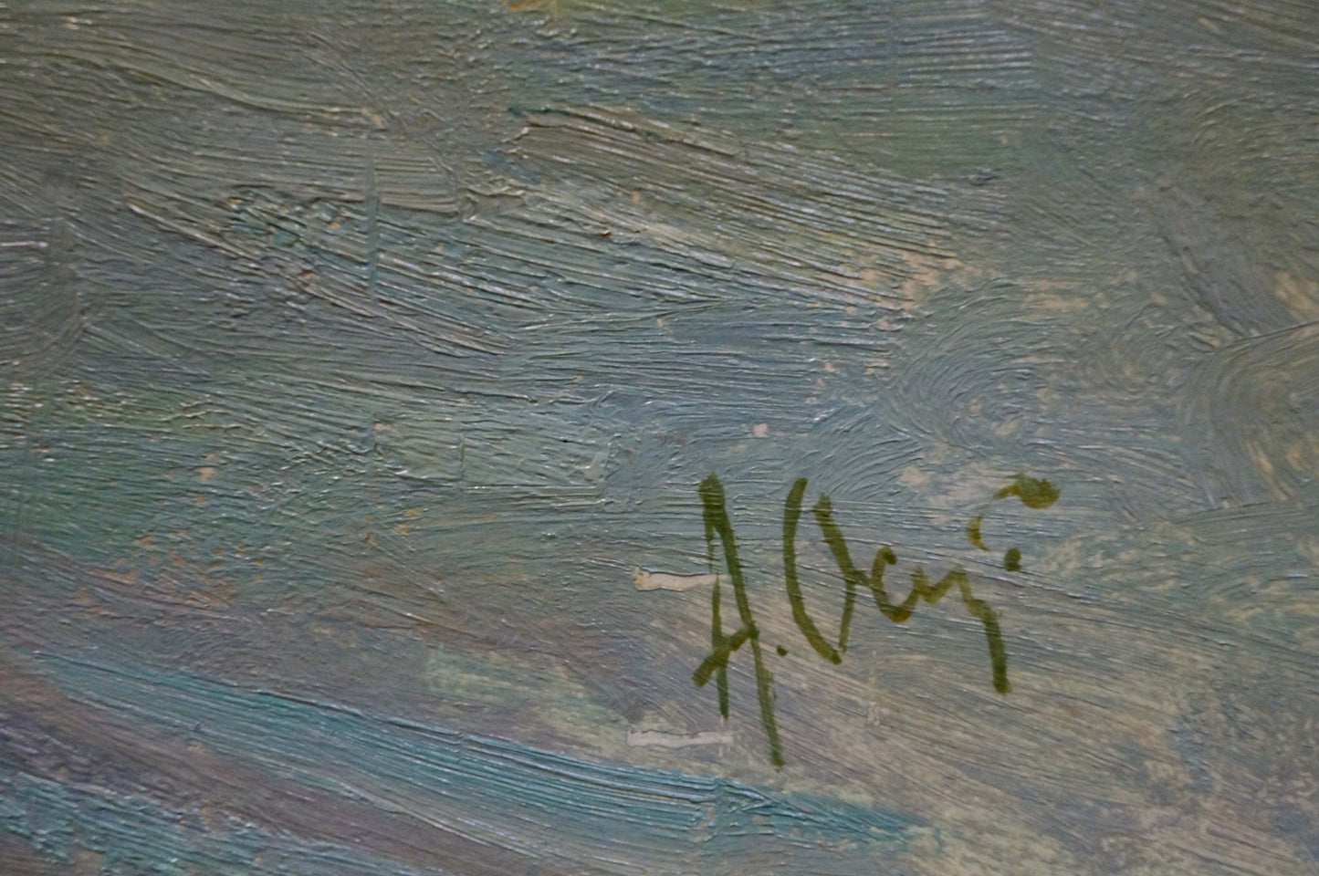 Green cursive signature on textured blue-gray back of Y. oil painting by Osipov