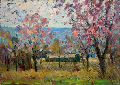 Vibrant impressionist oil painting of pink cherry blossoms by Kolomoitsev Petr Mikhailovich