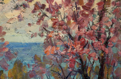 Vibrant impressionist oil painting of blossoming tree by Kolomoitsev Petr Mikhailovich