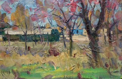 Textured impressionist oil painting of trees by Kolomoitsev Petr Mikhailovich