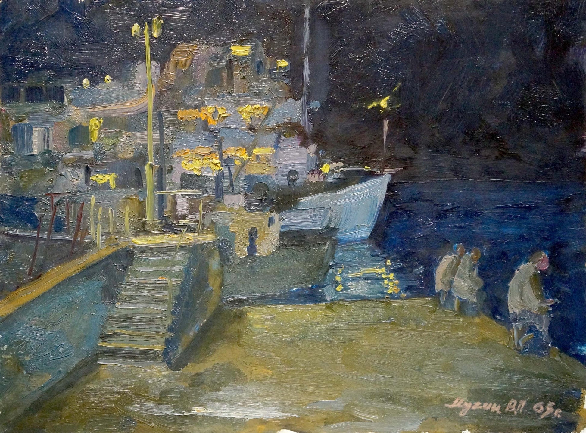 Oil painting Night landscape by Mukhin Valery Petrovich, textured harbor scene