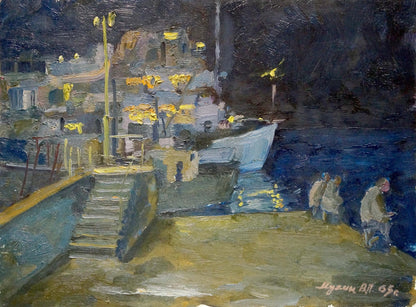 Oil painting Night landscape by Mukhin Valery Petrovich, textured harbor scene