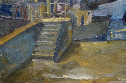 Textured impressionistic oil painting of blue-yellow stone staircase night landscape by Mukhin Valery Petrovich