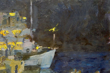 Oil painting Night landscape by Mukhin Valery Petrovich, nighttime harbor