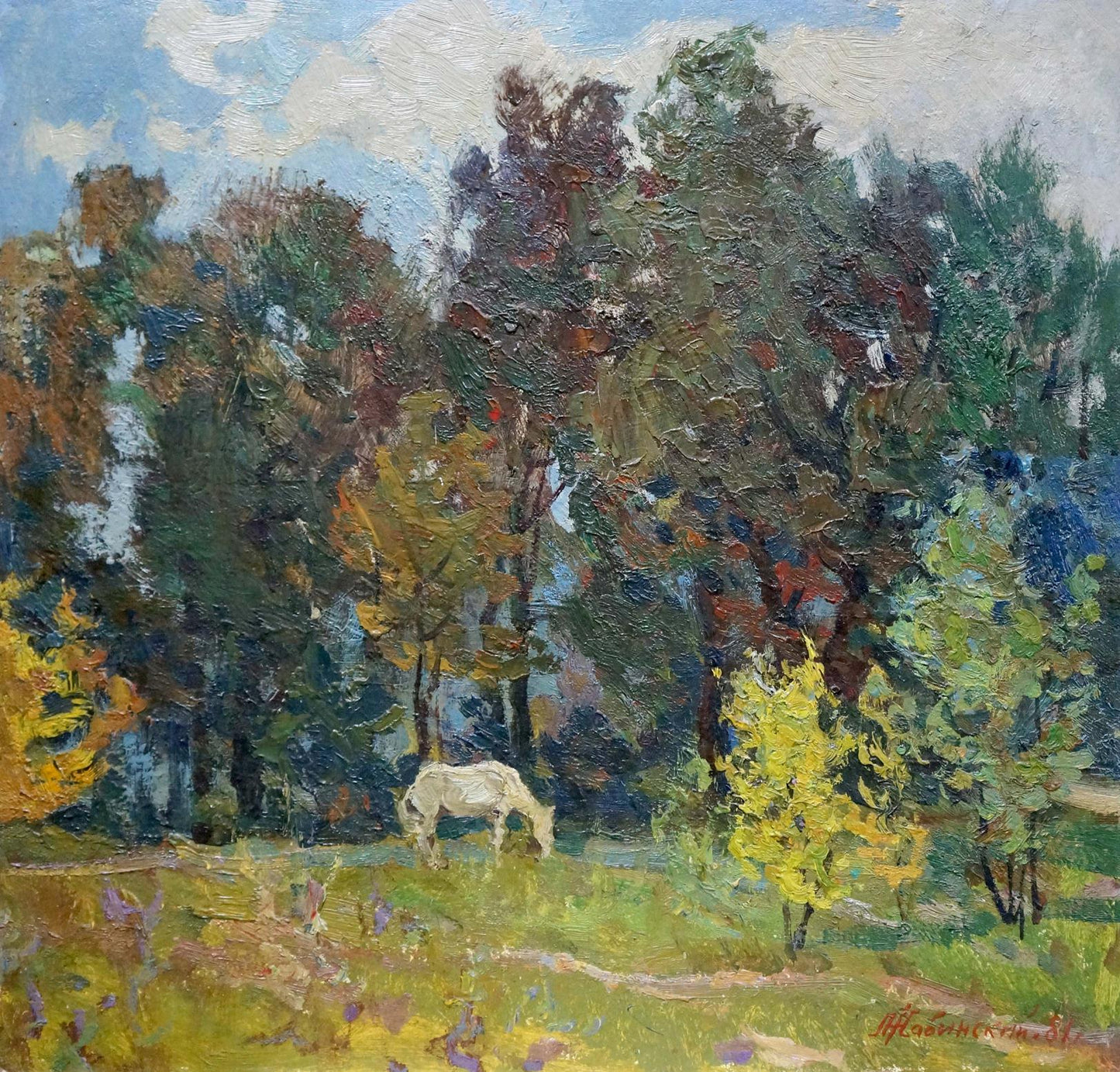 Oil painting by Zhabinsky Leonid Andreevich: white horse grazing near autumn forest