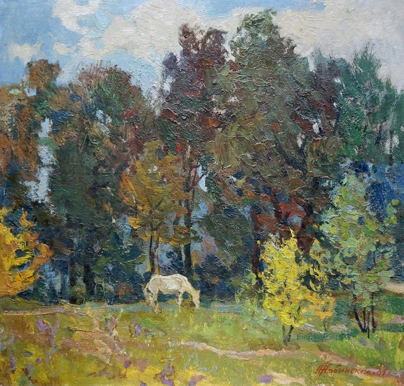 Oil painting by Zhabinsky Leonid Andreevich: white horse grazing near autumn forest