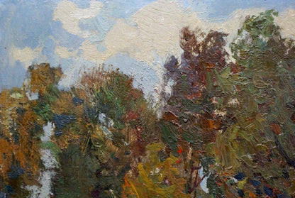 Textured impressionist oil painting of horse near autumn forest by Zhabinsky Leonid Andreevich