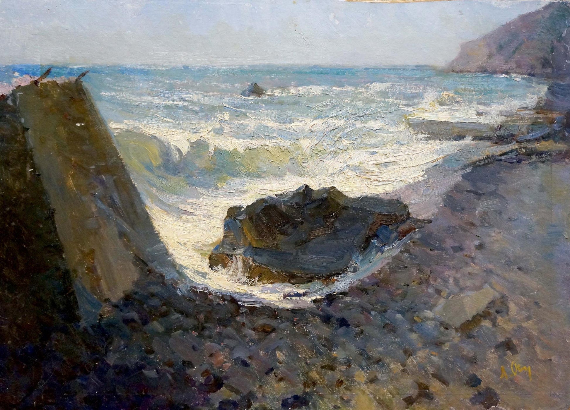 Oil painting by Osipov Alexander Yakovlevich: weathered seawall on rocky shore